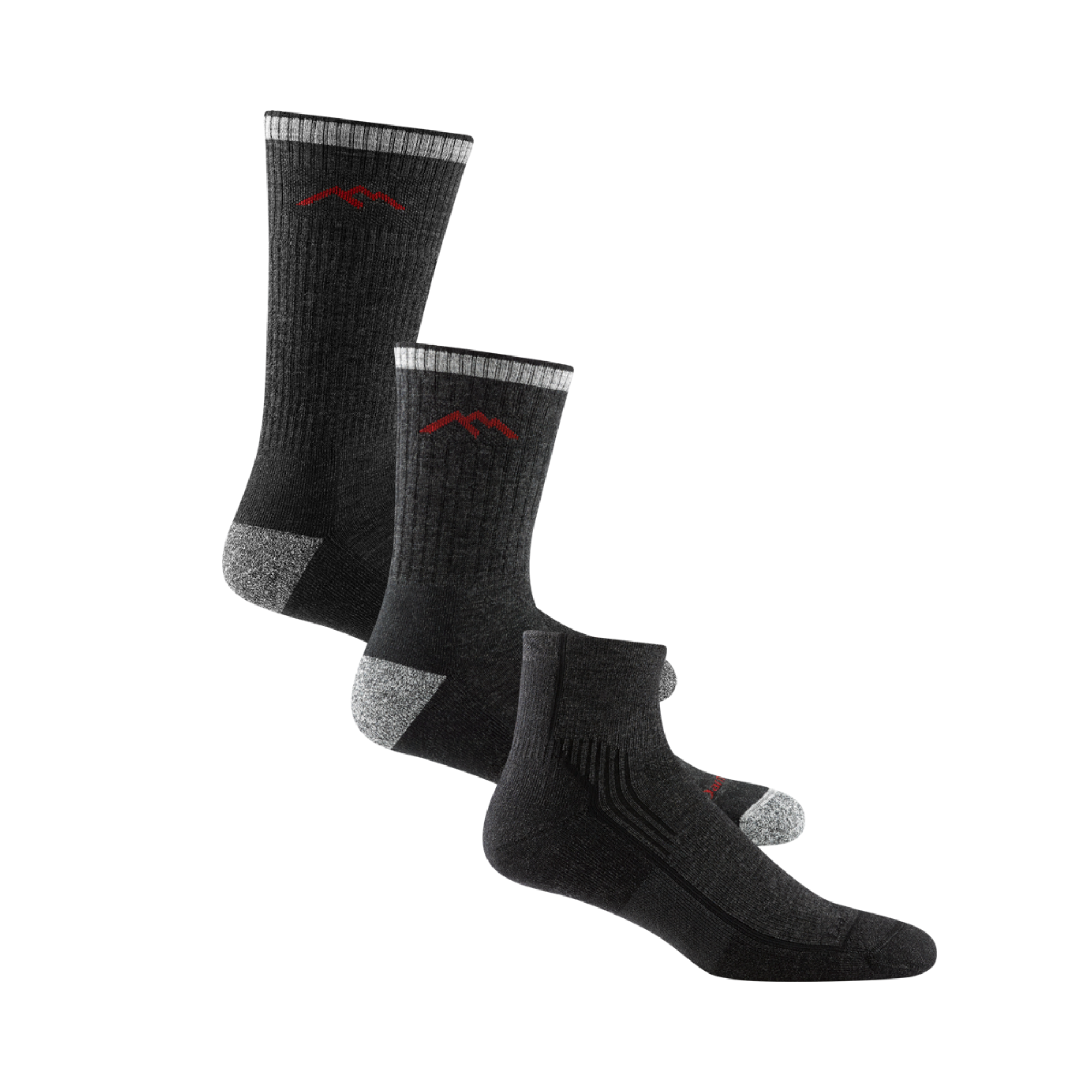3 pack bundle shot of the men's boot, micro crew, and quarter height hiking socks all in the color black