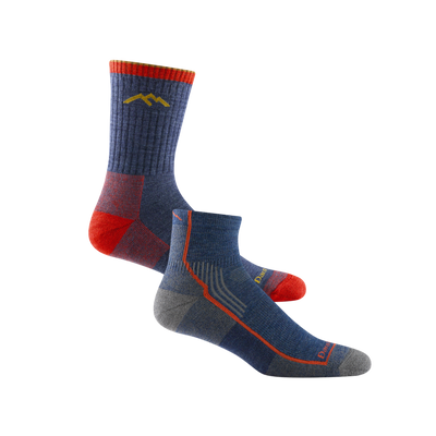 2 pack bundle shot of the men's micro crew and quarter height hiking socks both in the color denim