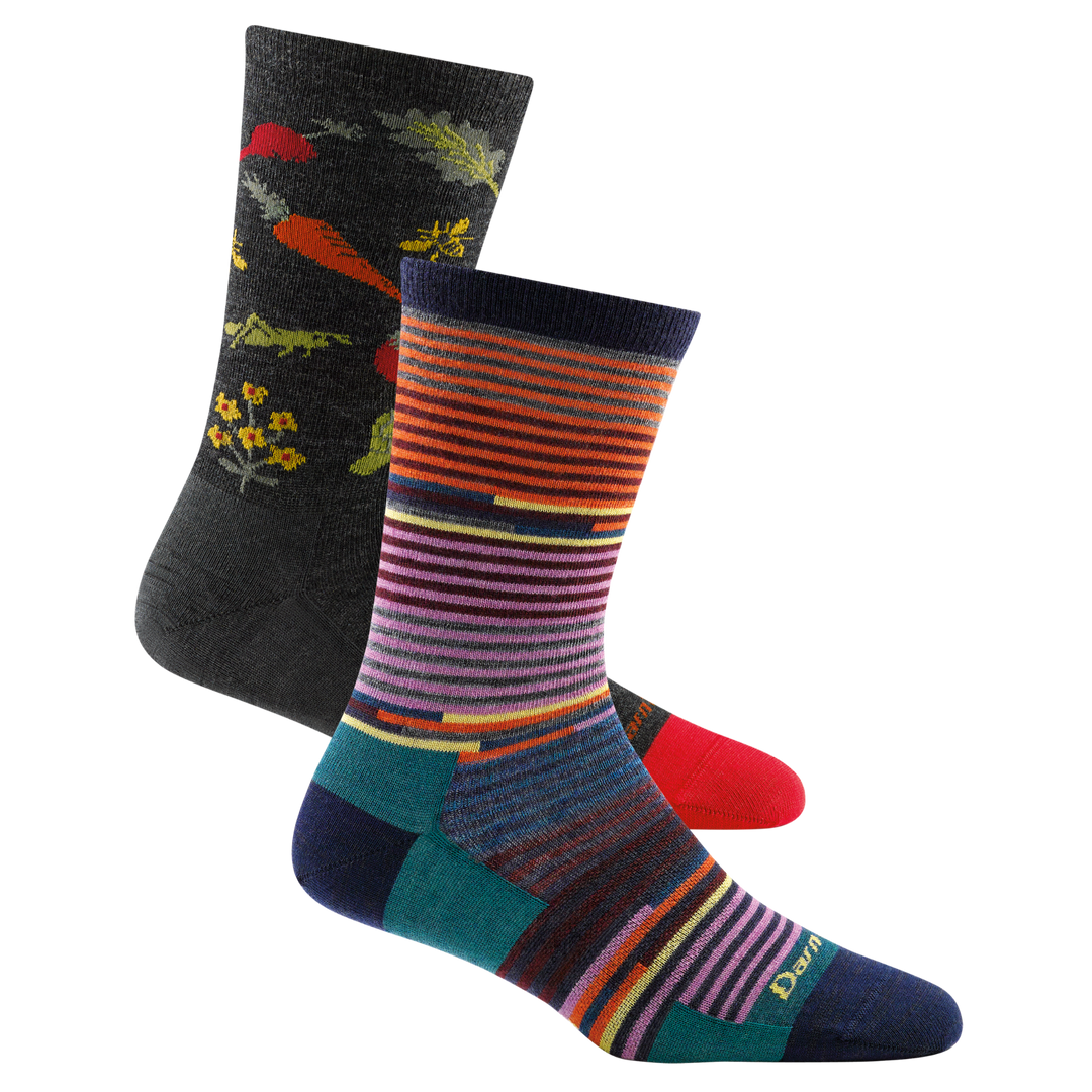 2 pack bundle shot of the women's farmer's market crew lifestyle sock in charcoal and the women's pixie crew lifestyle sock in navy