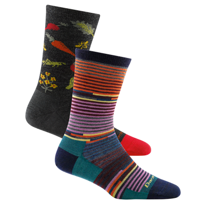 2 pack bundle shot of the women's farmer's market crew lifestyle sock in charcoal and the women's pixie crew lifestyle sock in navy