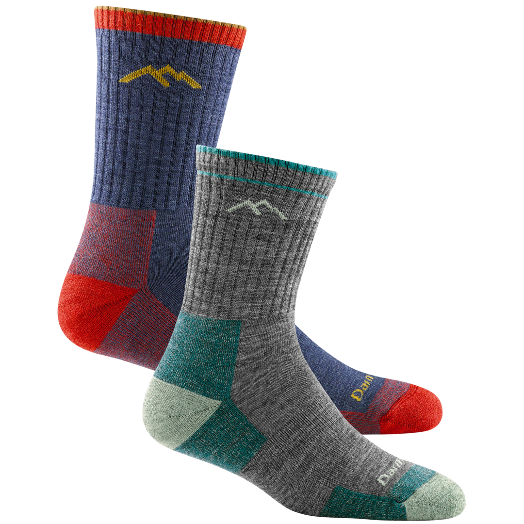 2 pack bundle shot of men's micro crew hiking sock in denim and women's micro crew hiking sock in color slate