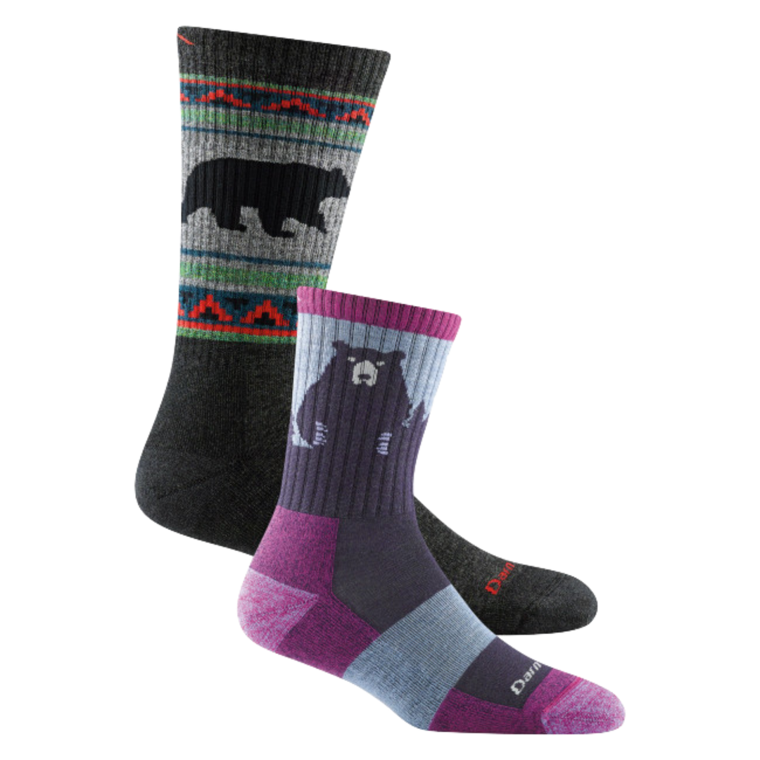 2 pack bundle shot including the men's vangrizzle boot sock in charcoal and the women's bear town micro crew sock in purple