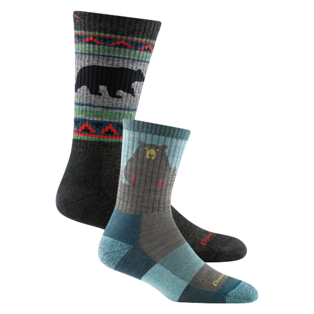 2 pack bundle shot including the men's vangrizzle boot sock in charcoal and the women's bear town micro crew sock in aqua