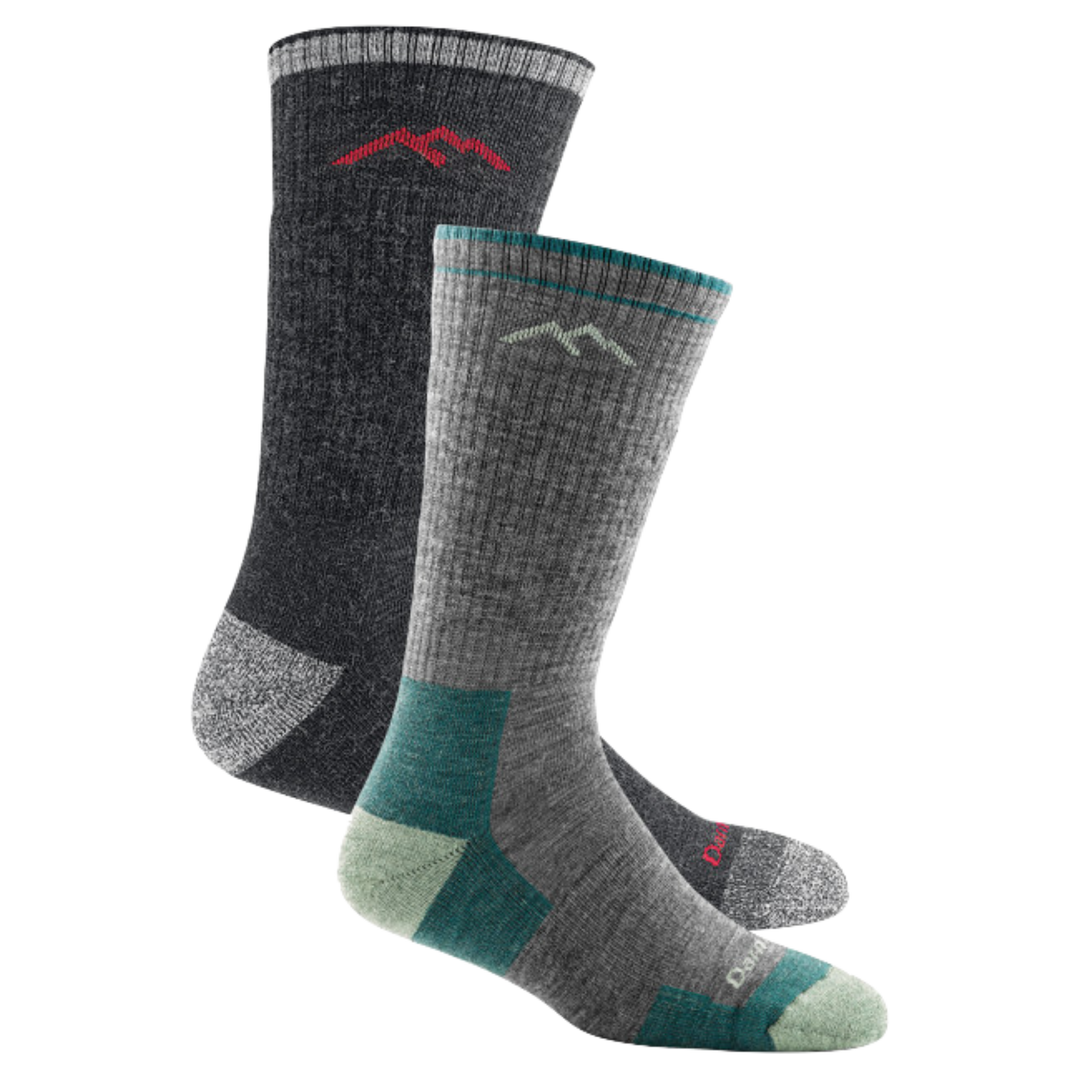 2 pack bundle shot of the men's boot hiking sock in black and the women's boot hiking sock in slate