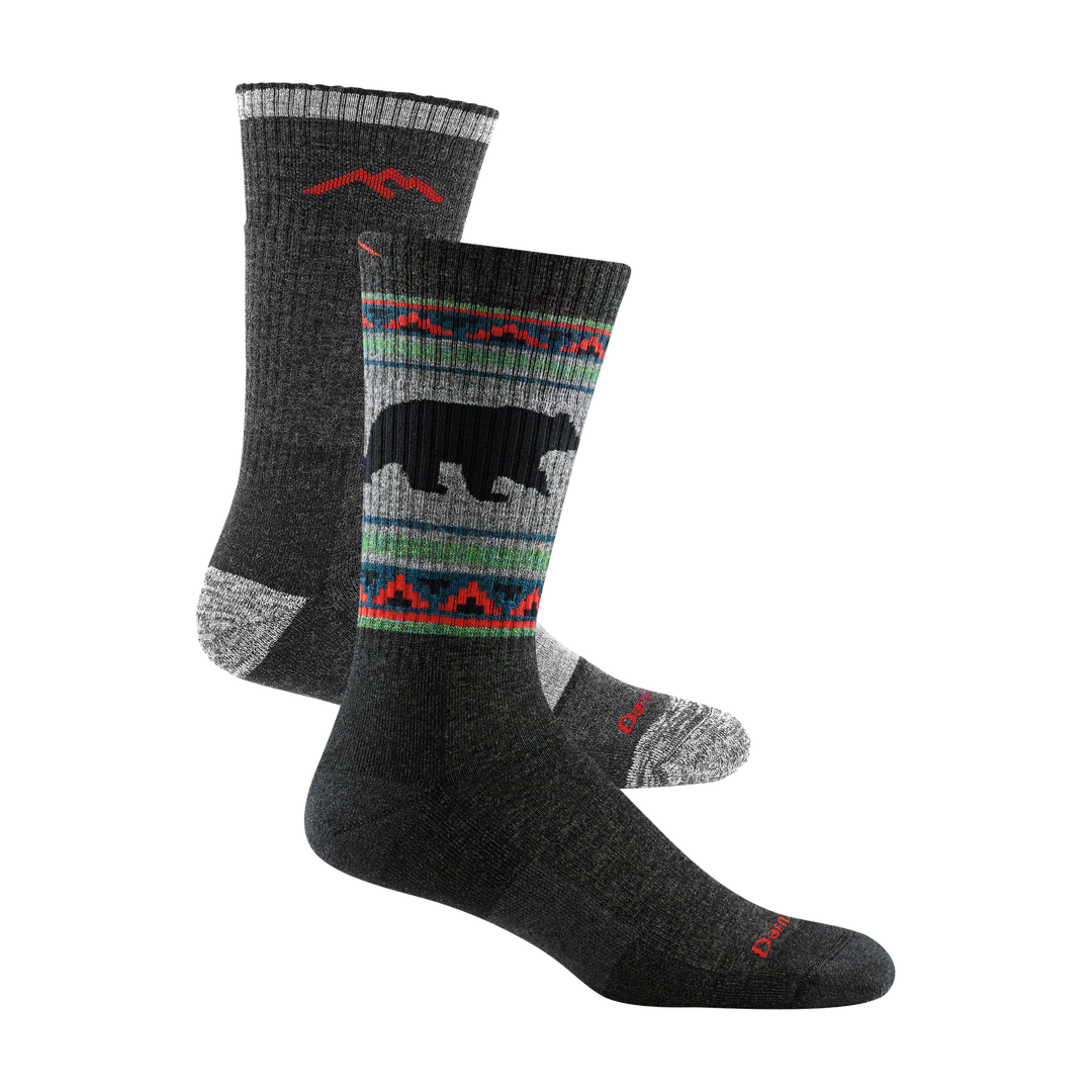 2 pack bundle shot of the men's vangrizzle boot sock in charcoal and the men's boot hiking sock in black 