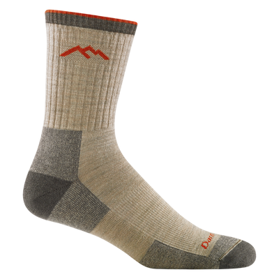1466 men's micro crew hiking sock in color oatmeal with brown toe/heel accents and red darn tough signature on forefoot