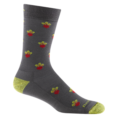 6206 men's beets crew lifestyle sock in graphite with yellow toe/heel accents and red and green beet details