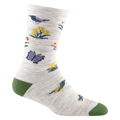 Reverse side of women's cottage bloom lifestyle sock in ash gray with purple an green butterfly and bird designs