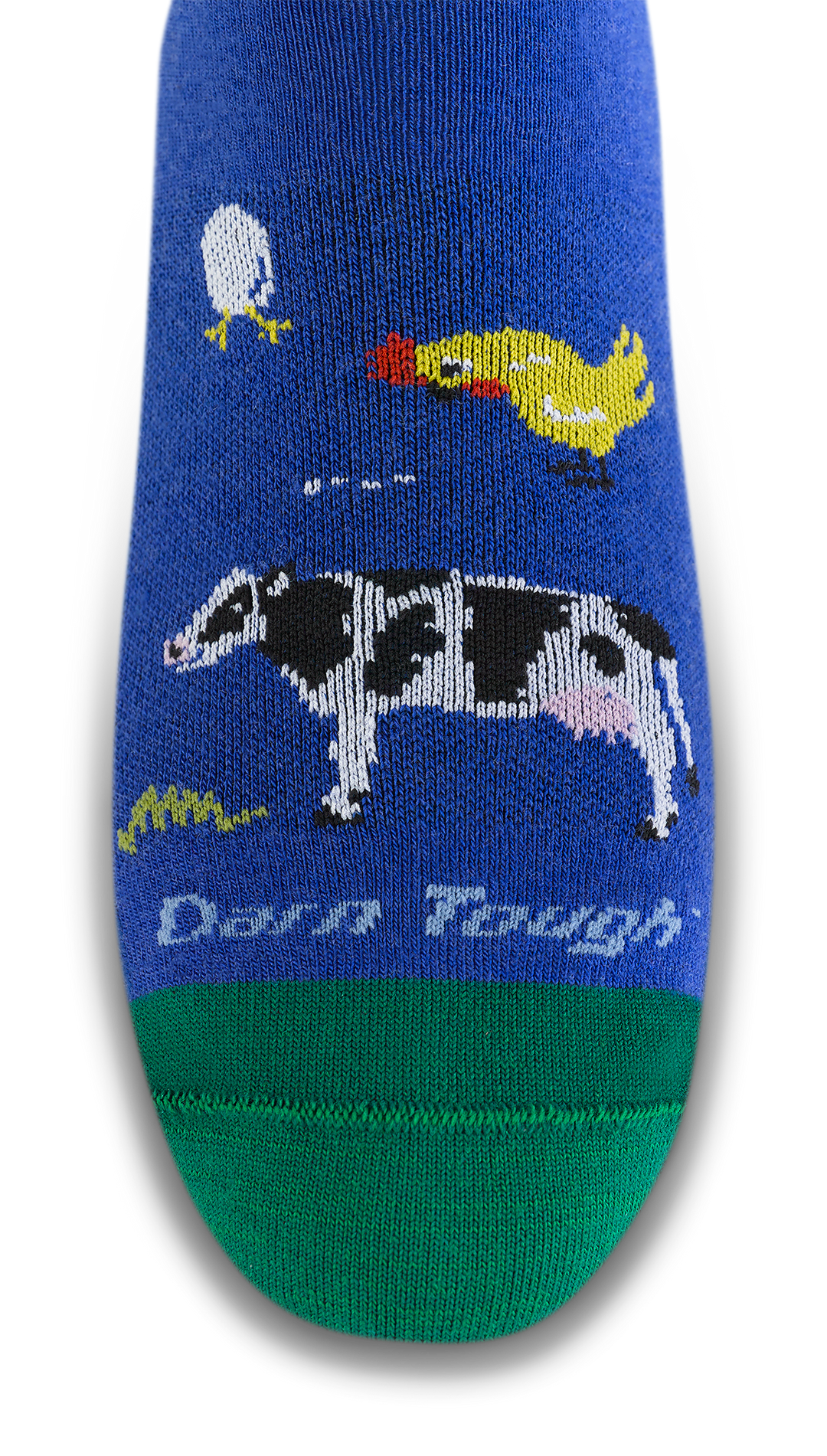 Close up of barnyard crew sock toe featuring cow and chicken details and 'Darn Tough' signature