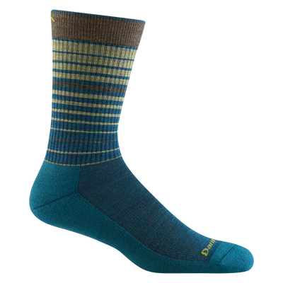 6036 men's frequency crew lifestyle sock in dark teal with brown and yellow horizontal striping on the leg