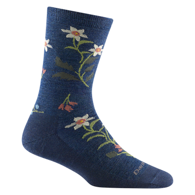 Reverse side of women's fable crew lifestyle sock in denim blue with white, pink, and green floral design