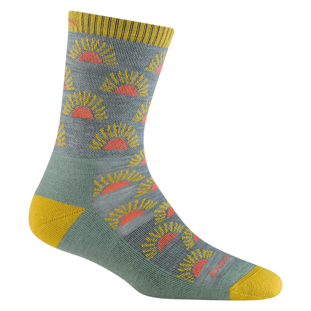 5009 women's ray day micro crew hiking sock in seafoam green with yellow toe/heel accents and pink and yellow half sun details