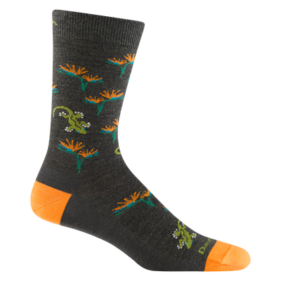 6098 men's paradise crew lifestyle sock in forest green with orange toe/heel accents, green lizards and orange flower details