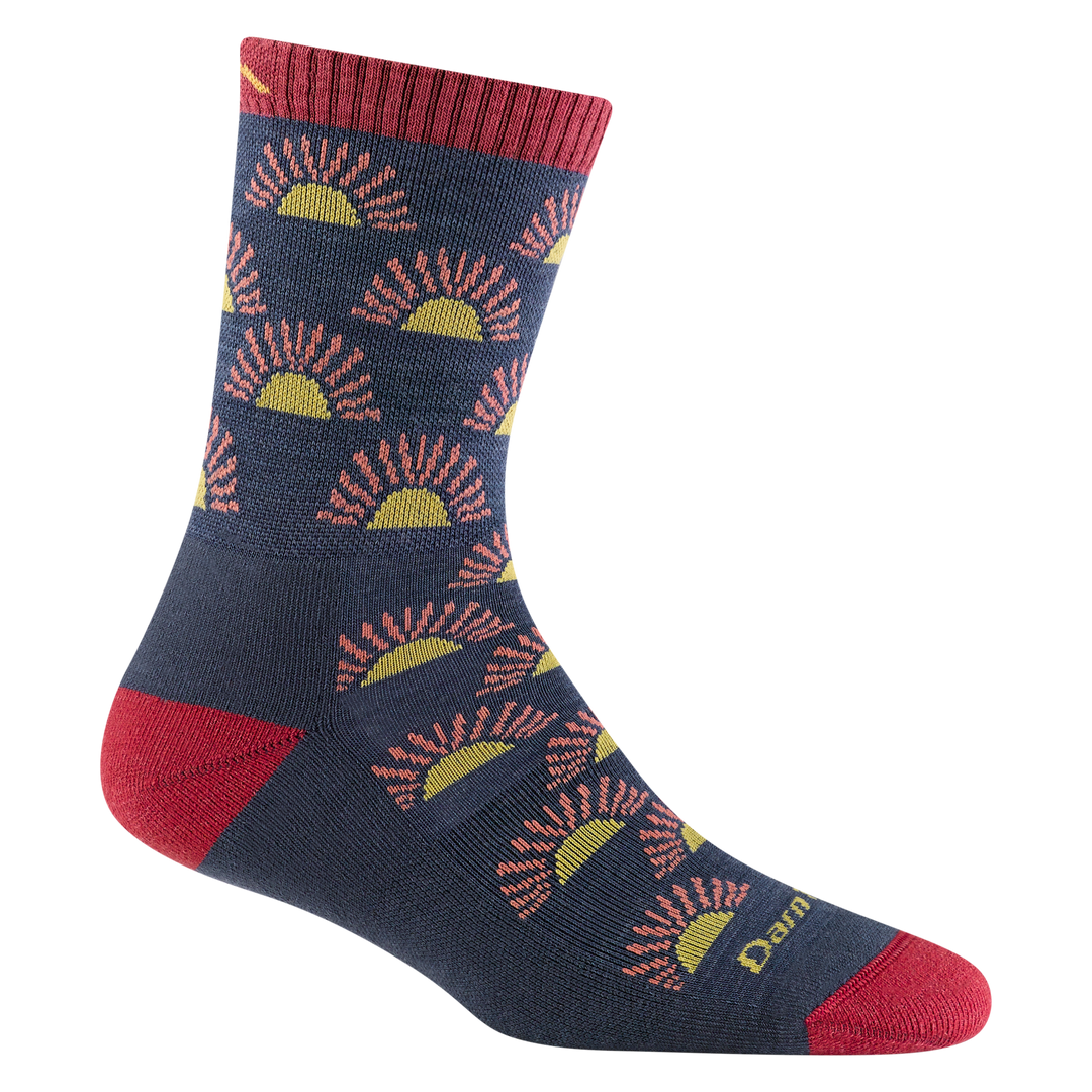 5009 women's ray day micro crew hiking sock in denim blue with red toe/heel accents and pink and yellow half sun details