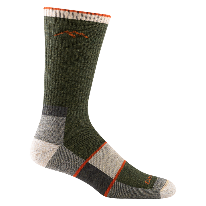 1405 men's hiking boot sock in color olive green with white toe/heel accents and forefoot color block with 2 orange stripes