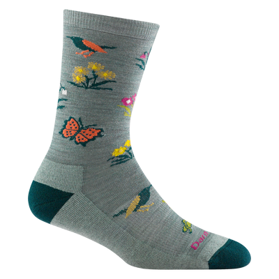 Reverse side of women's cottage bloom lifestyle sock in seafoam with orange and yellow butterfly and bird designs