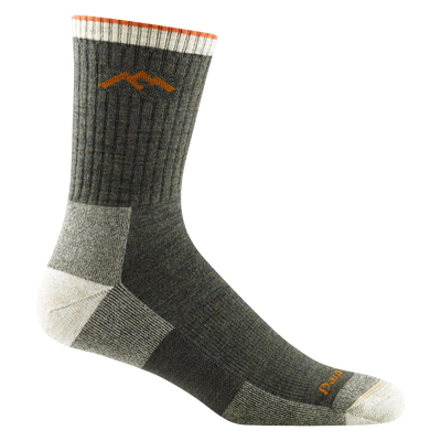 1466 men's micro crew hiking sock in olive green with white toe/heel accents and orange darn tough signature on forefoot