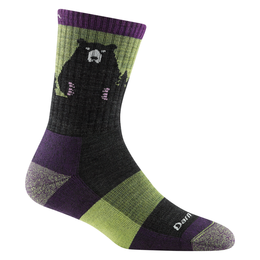 1970 women's bear town micro crew hiking sock in color lime with heathered toe/heel accents and black bear design on calf