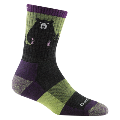 1970 women's bear town micro crew hiking sock in color lime with heathered toe/heel accents and black bear design on calf