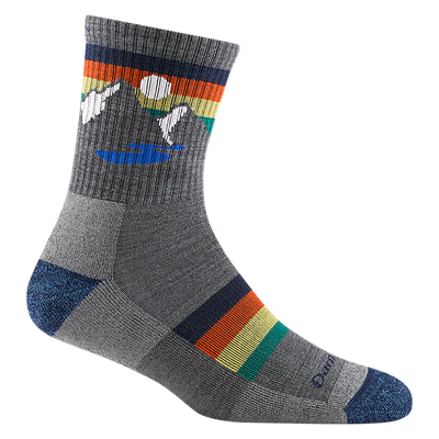 3033 kids suset ridge micro crew sock in gray with navy toe/heel accents and black,orange, yellow, and green striping