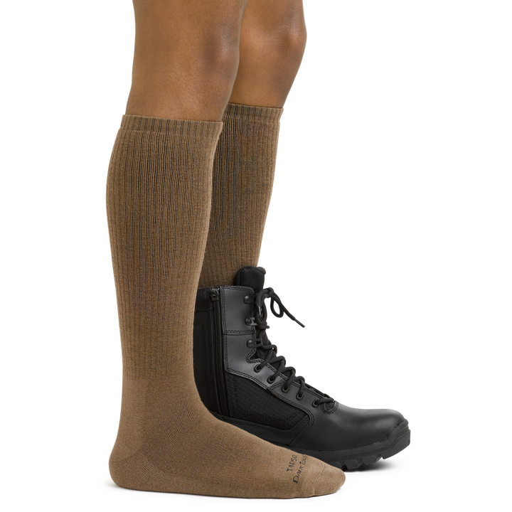 T4050 brown tactical socks on foot with boots