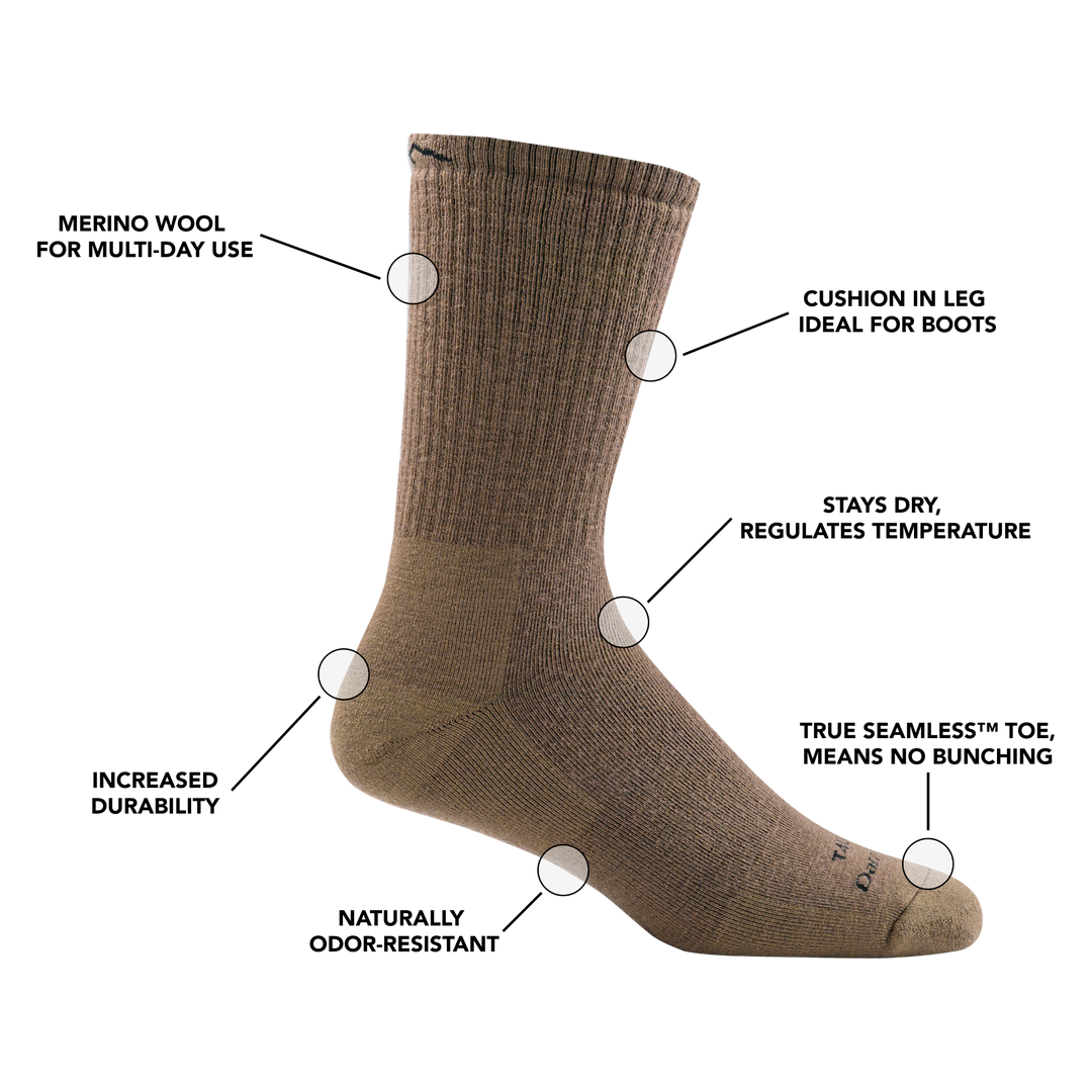 Image of T4033 Tactical Boot sock in Coyote Brown calling out all of the features and benefits of the sock