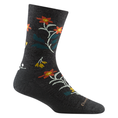 Reverse side of women's fable crew lifestyle sock in charcoal with red, yellow, and teal floral designs