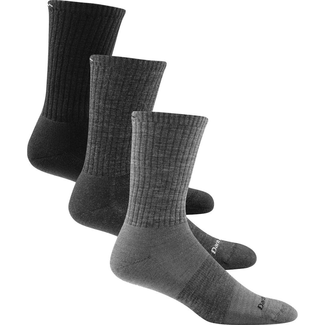 3 pack bundle shot of the men's the standard crew lifestyle sock in colors medium gray, charcoal, and black