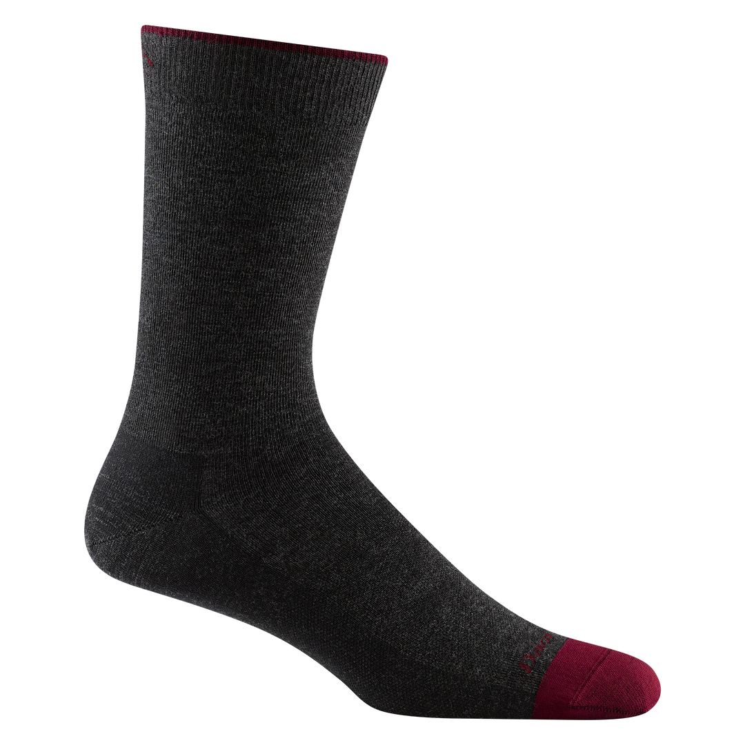 6032 men's solid crew lifestyle sock in color charcoal with burgundy toe accent and darn tough signature on forefoot