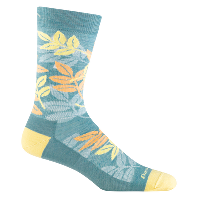 6097 men's cabana crew lifestyle sock in aqua with yellow toe/heel accents and orange and yellow tropical leaf details