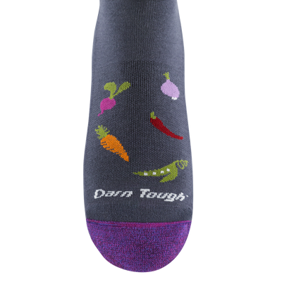 Overhead shot of the forefoot of the unisex preserve crew lifestyle sock in slate with purple toe accent and vegetable details