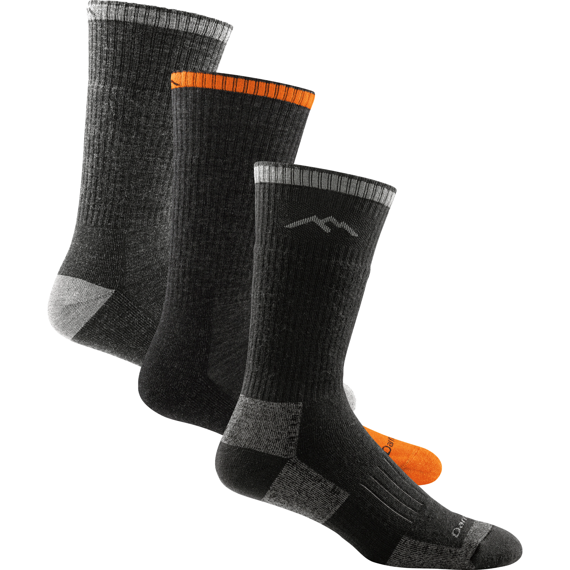 3 pack bundle shot of the men's john henry work sock in gravel, the men's steely boot work sock in graphite, and the unisex hunting boot sock in charcoal 