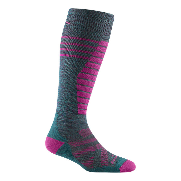 studio shot of women's edge midweight ski and snowboard sock. it is teal with bright pink accents.