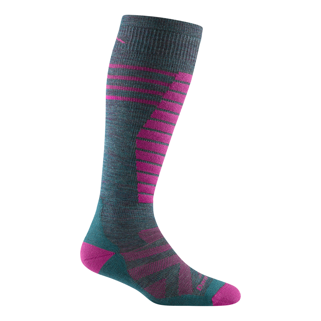 studio shot of women's edge midweight ski and snowboard sock. it is teal with bright pink accents.