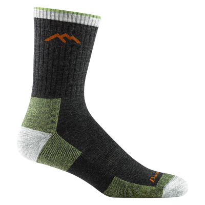 1466 men's micro crew hiking sock in dark green with white toe/heel accents and lime green color block on bottom