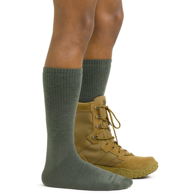T4033 green tactical socks on foot with combat boots