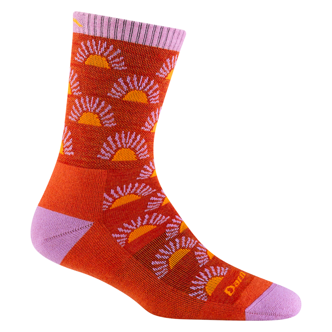 5009 women's ray day micro crew hiking sock in tomato red with pink toe/heel accents and orange and pink half sun details